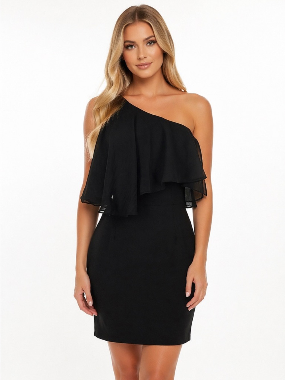 Dress The Population Black One Shoulder Ruffle Cocktail Dress Size M